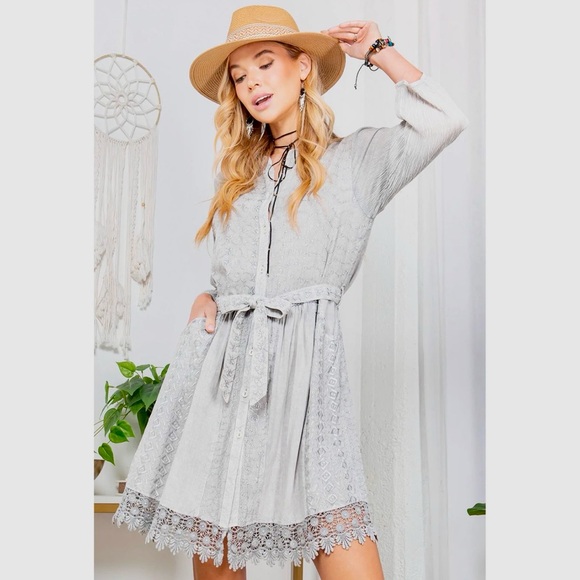 Bohemian Baby Doll Button Down Shirt Dress in Light Gray Size L NWT - Picture 6 of 14